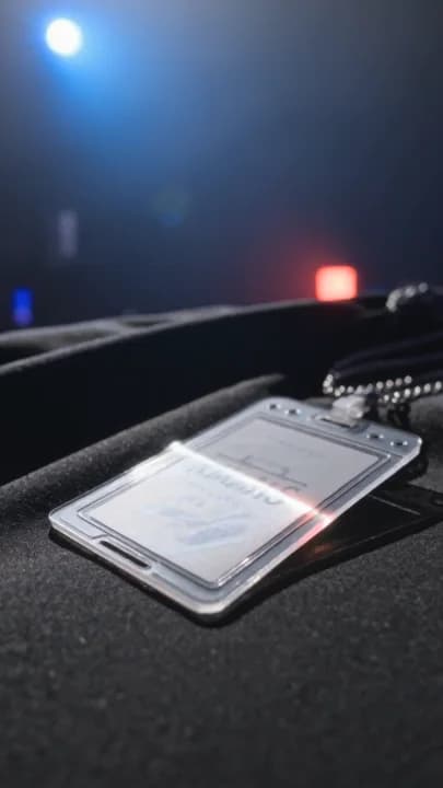 A translucent event pass resting on black fabric under blue and red light